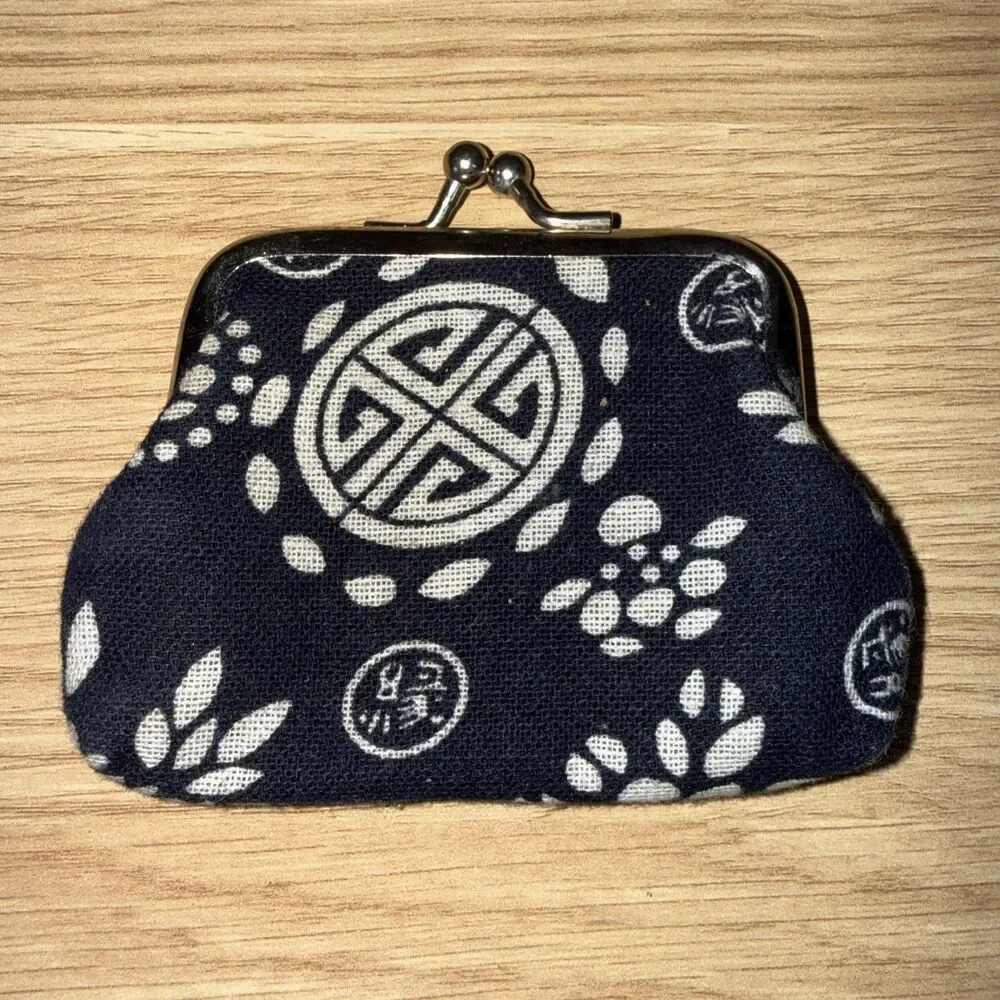 Vintage Chinese Indigo Blue Batik Coin Purse Kiss Lock Fabric Shou Motif Pouch
